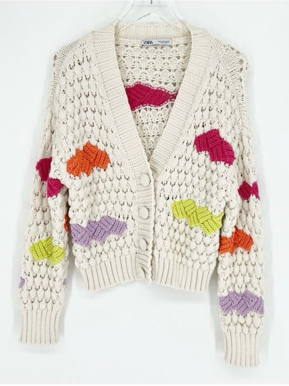 ZARA Chunky Knit Color Block Cardigan M Cream